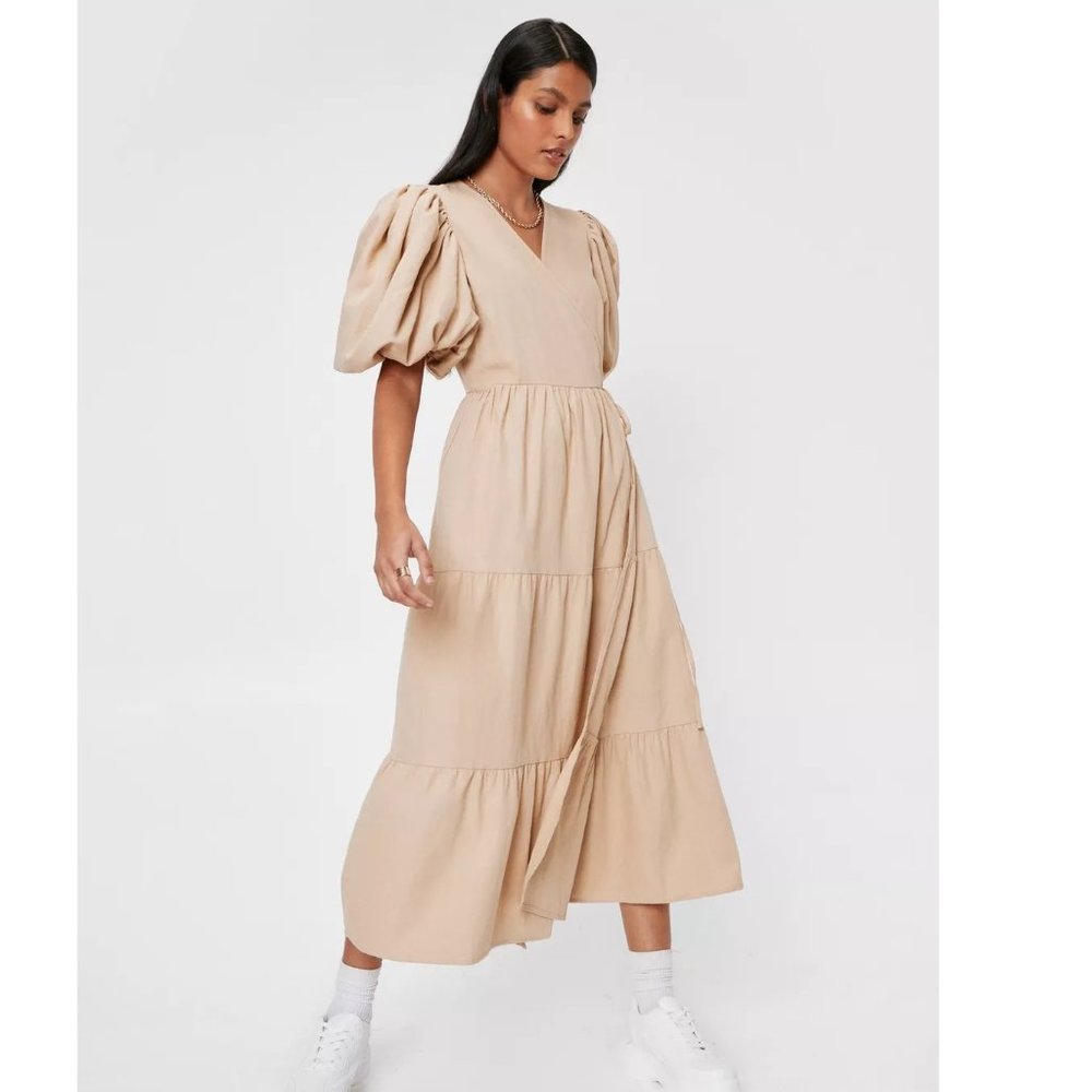 NastyGal Puff Sleeve Wrap Midi